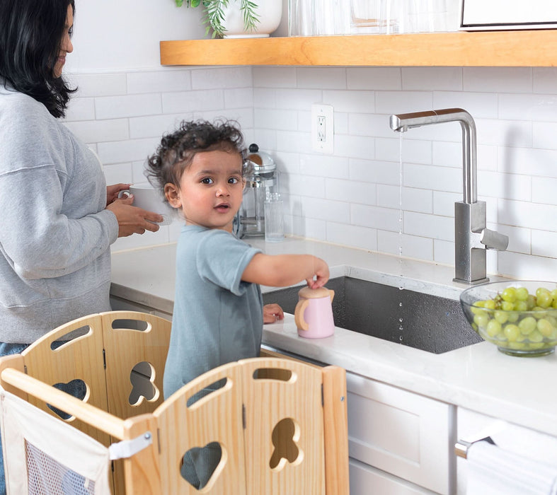Laurel 4-in-1 Foldable Kitchen Tower, Step Stool, Slide & Chalkboard for Toddlers - Sweatfully