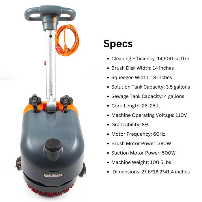 SUNMAX RT15AC 14“ Walk Behind Floor Scrubber Machine for Industrial Commercial Use, 26 ft Cord Offers Uninterrupted Power Supply - Sweatfully