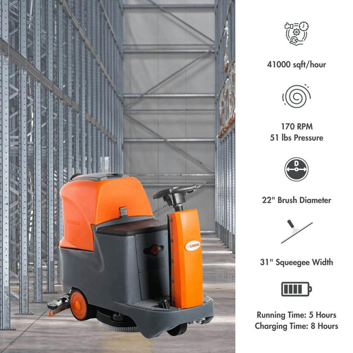 SUNMAX RT70 Ride-On Floor Scrubber Machine, 22" Brush Cleaning Path, 48000 Sqft/h Efficiency - Sweatfully