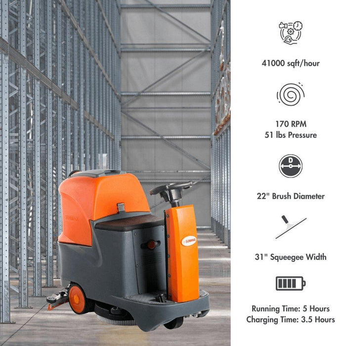 SUNMAX RT70+ Ride-On Floor Scrubber Machine, Lithium Battery, 22" Cleaning Path, 48000 Sqft/h Working Efficiency - Sweatfully