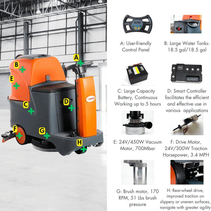 SUNMAX RT70+ Ride-On Floor Scrubber Machine, Lithium Battery, 22" Cleaning Path, 48000 Sqft/h Working Efficiency - Sweatfully