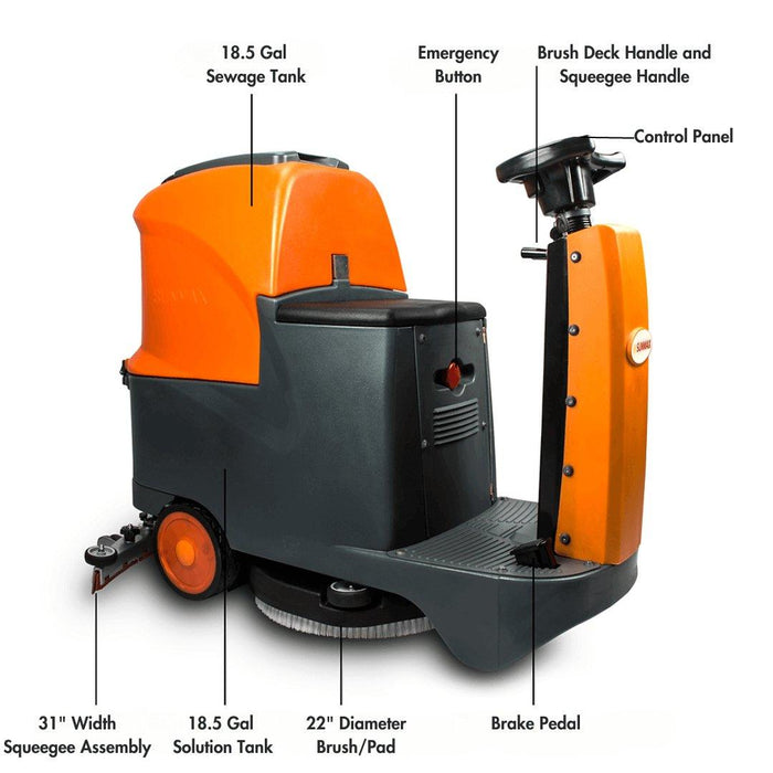 SUNMAX RT70+ Ride-On Floor Scrubber Machine, Lithium Battery, 22" Cleaning Path, 48000 Sqft/h Working Efficiency - Sweatfully