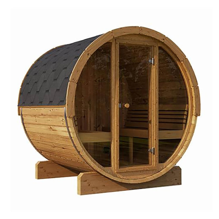 SaunaLife Model E7G Ergo Series 4-Person Outdoor Sauna Barrel With Glass Front [SL-MODELE7G] (SAK81934) - Sweatfully