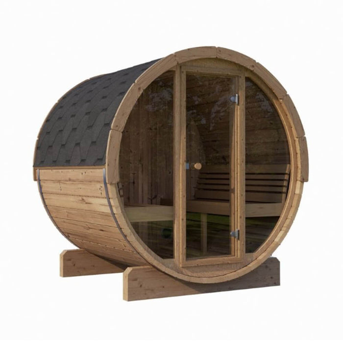 SaunaLife Model E8G Ergo Series 6-Person Outdoor Sauna Barrel With Tempered Glass Front [SL-MODELE8G] (SAK92814) - Sweatfully