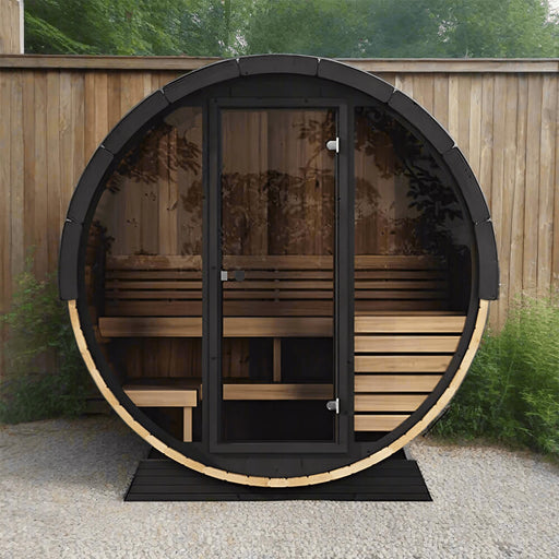 SaunaLife Model EE6G Ergo Series 4-Person Outdoor Sauna Barrel With Tempered Glass Front [SL-MODELEE6G] (SAK39412) - Sweatfully