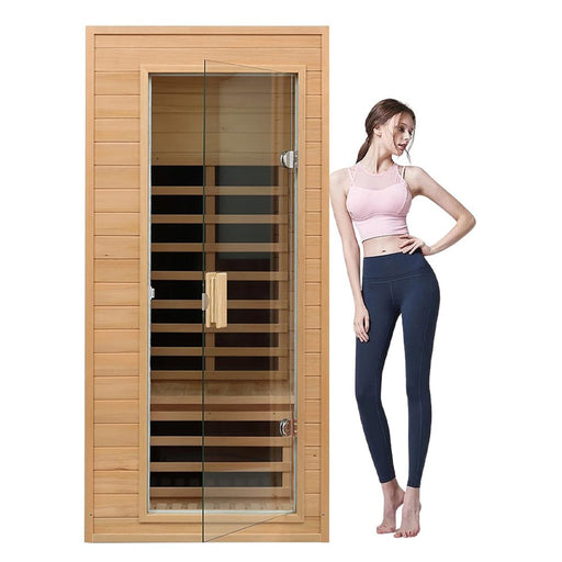 Single-Person Indoor Low EMF FAR Infrared Heat Hemlock Wood Personal Home Spa Sauna, 1200W (SAK27463) - Sweatfully