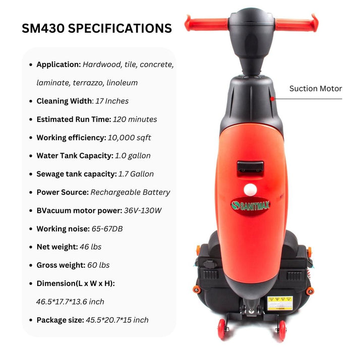 SUNMAX SM430 17" Walk-behind Floor Scrubber Machine, 360 Degree Rotating Head, 10000 sqft/h, Cordless Rechargeable Lithium Battery - Sweatfully