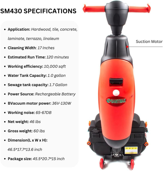 SM430 17" Walk-behind Floor Scrubber Machine, 360 Degree Rotating Head, 10000 sqft/h, Cordless Rechargeable Lithium Battery - Sweatfully