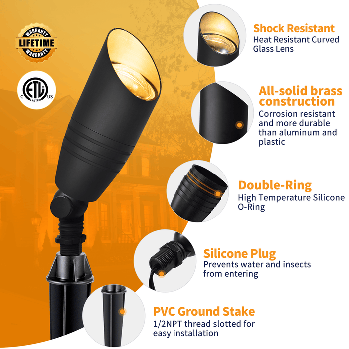 Gardenreet Brass Landscape Lighting Kit (6/8/12 Spotlights, 2/4/6 Path Lights) With 12V Transformer and Mechanical Timer and Cable and Wire Connectors for Outdoor Garden Patio Driveway (2105+2401) - Sweatfully