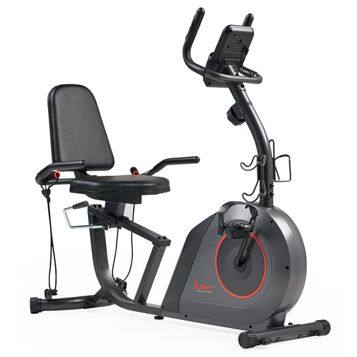 Sunny Health & Fitness Corezy 16-Level Smart Magnetic Resistance Recumbent Bike with Workout Bands - SF-RB424006 - Sweatfully