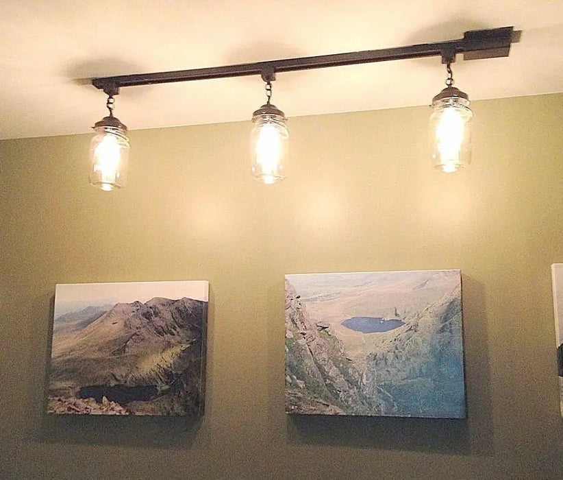 Rustic Mason Jar TRACK LIGHT Chain Trio of Vintage Quarts - Sweatfully