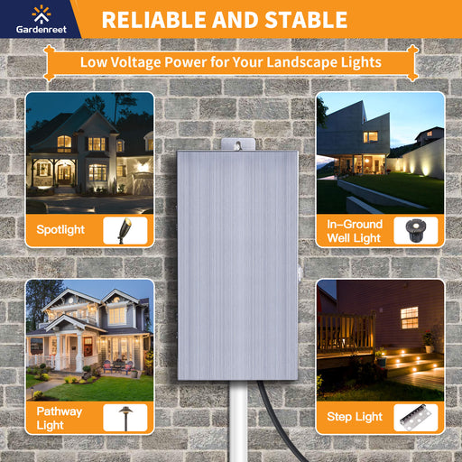 Gardenreet 75W/150W/300W/600W/900W Multi-Tap Low Voltage Transformer, 120V AC to 12V~22V AC,Stainlees Steel Shield, Outdoor Transformer for Low Voltage Landscape Lighting, Spotlight, Pathway Light (ETL Listed) - Sweatfully