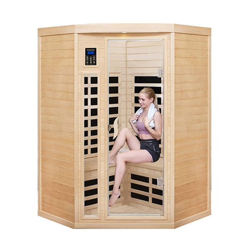 Two-Person Corner Space Infrared Wooden Sauna Room With Bluetooth Speakers, 1600W (SAK81524) - Sweatfully