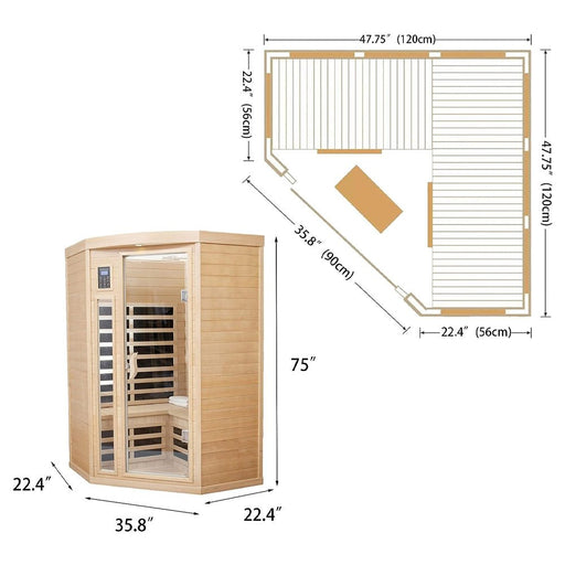 Two-Person Corner Space Infrared Wooden Sauna Room With Bluetooth Speakers, 1600W (SAK81524) - Sweatfully
