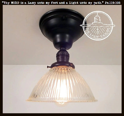 Vintage Factory Holophane Glass With Exposed Socket Light - Sweatfully