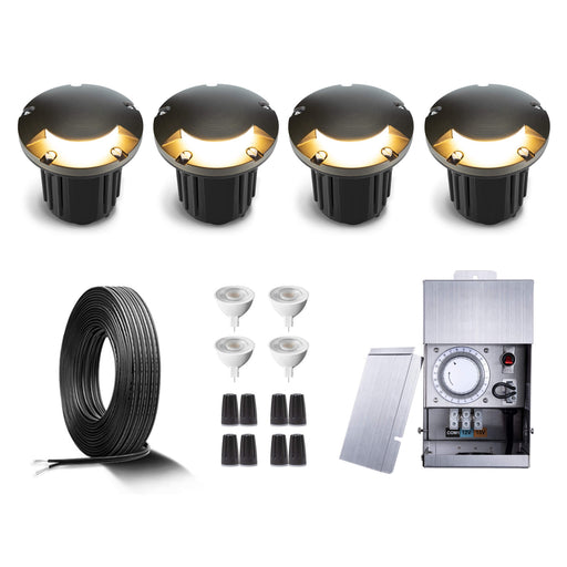 Gardenreet Brass Low Voltage Landscape Lighting Kit (4/6/8/12Pack Turret Well Lights) 12V LED with Low Voltage Transformer,  Mechanical Timer, Wire, Connector, 5W 450LM LED MR16 Bulb for Outdoor House Yard Patio Pathway Lighting (2204) - Sweatfully