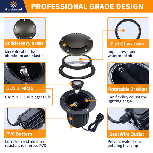 Gardenreet Brass Low Voltage Landscape Lighting Kit (4/6/8/12Pack Turret Well Lights) 12V LED with Low Voltage Transformer,  Mechanical Timer, Wire, Connector, 5W 450LM LED MR16 Bulb for Outdoor House Yard Patio Pathway Lighting (2204) - Sweatfully